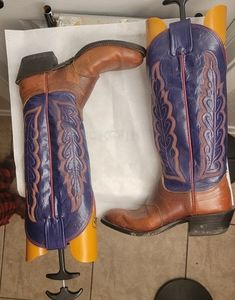 Classic Two-Tone Leather Western Boots - Purple & Brown